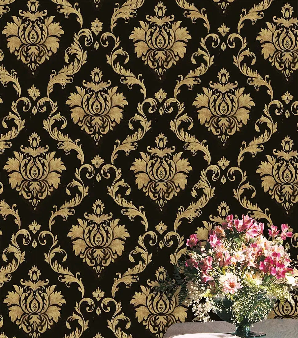 Black & Gold Damask Wallpaper - Black & Gold Damask Self-adhesive Wallpaper