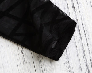 Geometric Print Sheer Bodysuit , Sheer Black Long Sleeve Bodysuit, Mesh Geometric Velvet Bodysuit