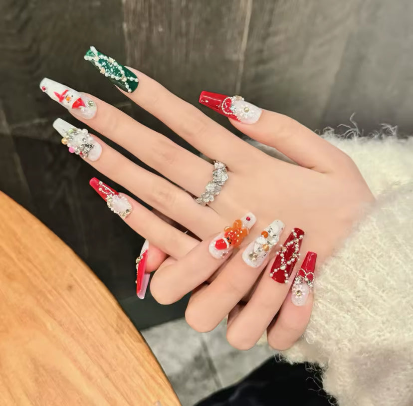 Gingerbread Christmas Art, Luxury Press-on Nails, Long Coffin Press-on Nails