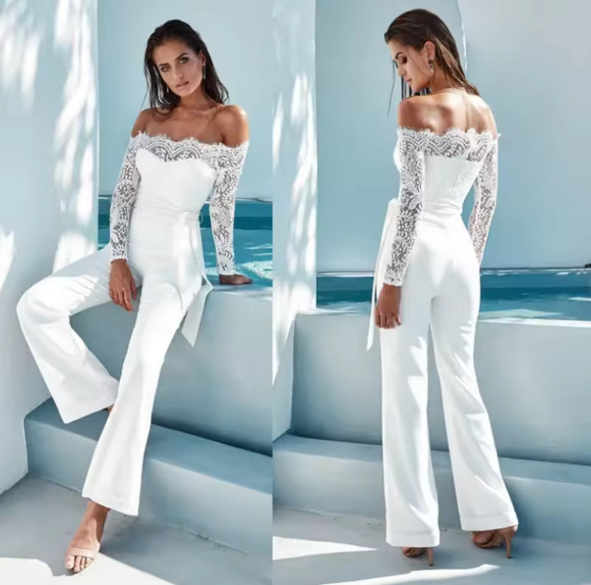 White Lace Off Shoulder Bodysuit - Beach Bride - Lace Long Sleeve Bodysuit,
