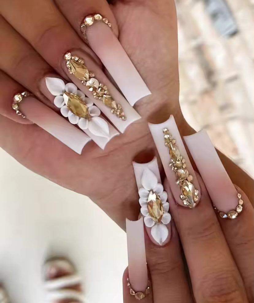 Nude Ambre Printed Floral Nails - French Floral - Pink Crystal Press On Nails - 24 pieces