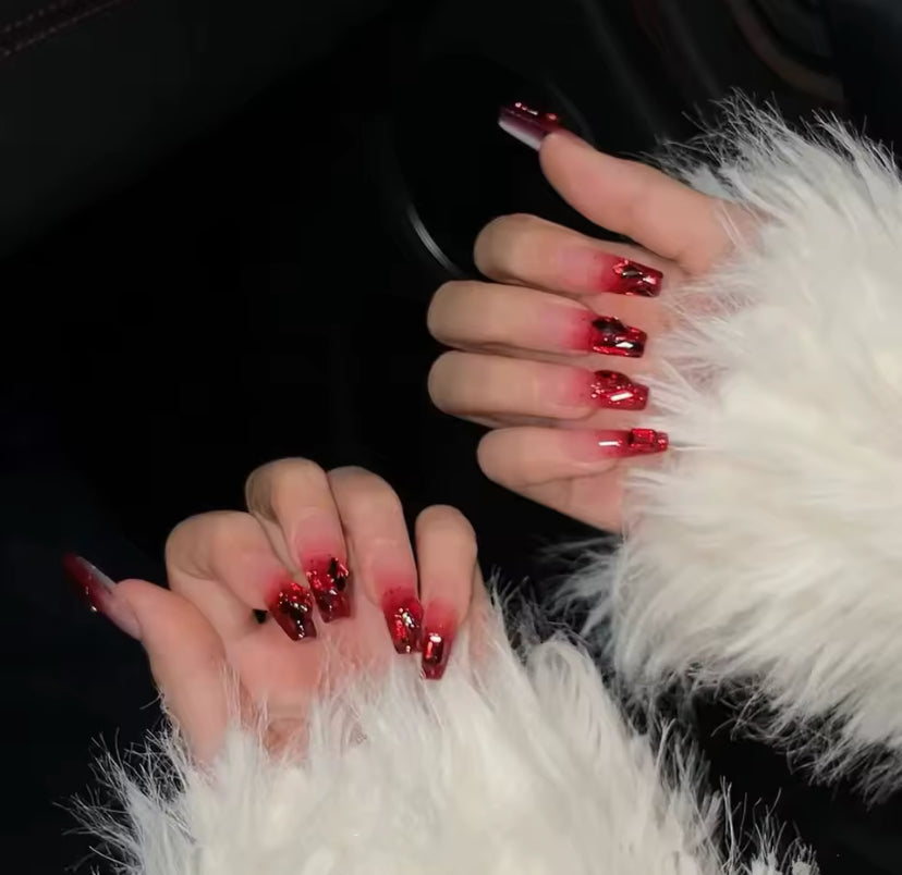 Red Glitter & Crystals Square Nails , Luxury Press-on Nails, Long Short Press-on Nails