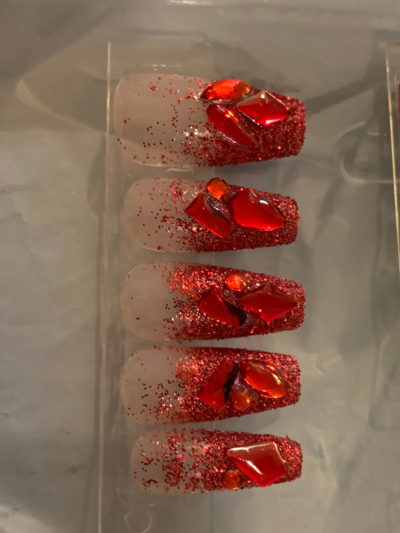 Red Glitter & Crystals Square Nails , Luxury Press-on Nails, Long Short Press-on Nails