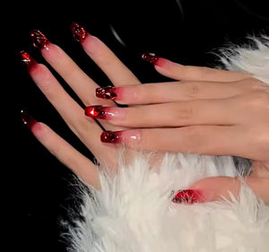 Red Glitter & Crystals Square Nails , Luxury Press-on Nails, Long Short Press-on Nails