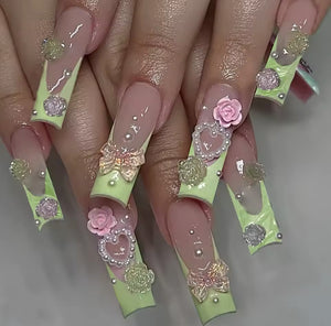 Green French Pink Rose Cabochon Luxury Press-on Nails, Acrylic & Hand- By Order Of The Queen & Luxury Press On Nails Green French Pink Rose Cabochon Luxury Press-on Nails, Acrylic & Hand- By Order Of The Queen & Luxury Press On Nails