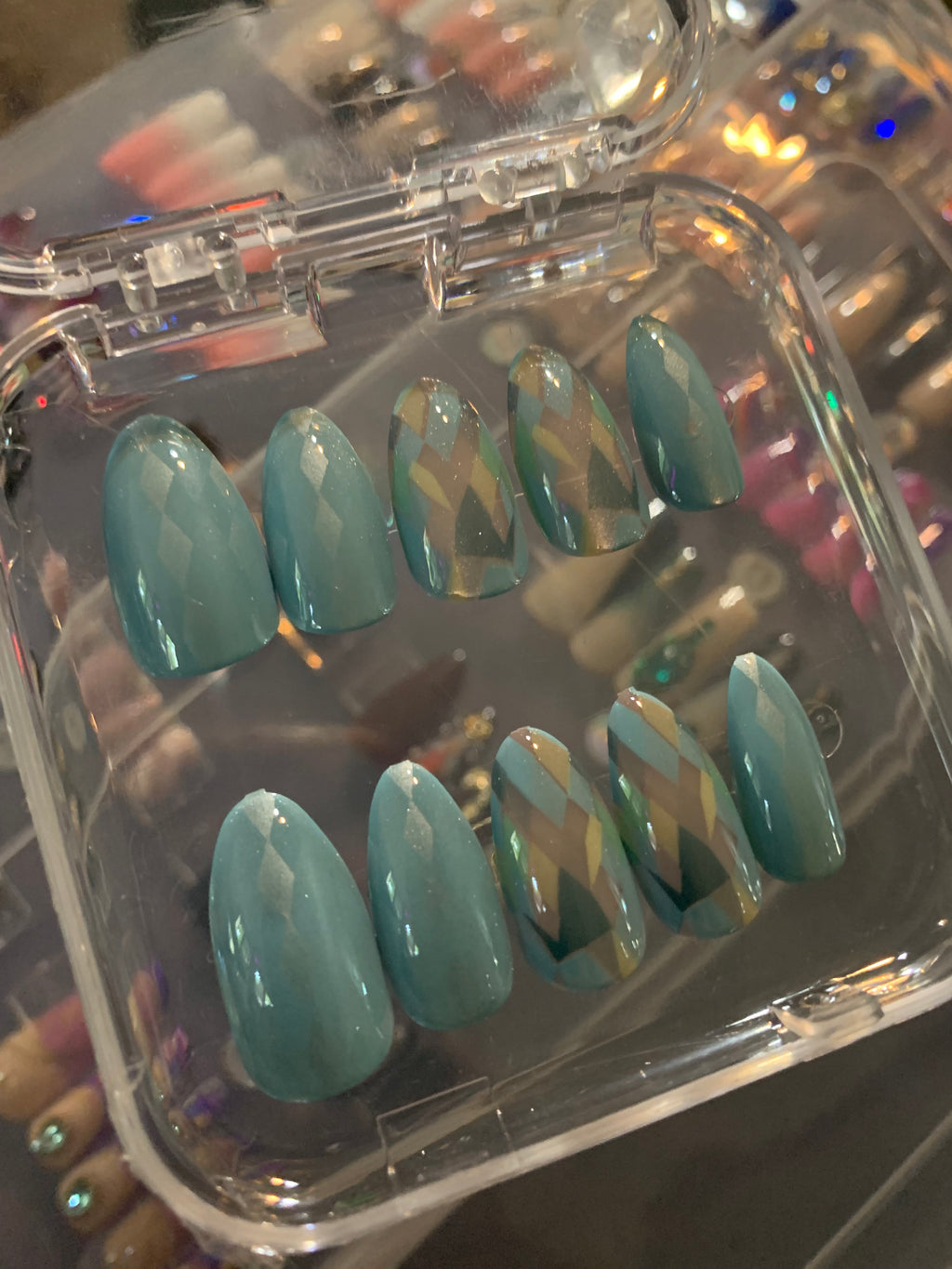 Maroon Religious Art Luxury Press-on Nails, Pointed Oval Medium