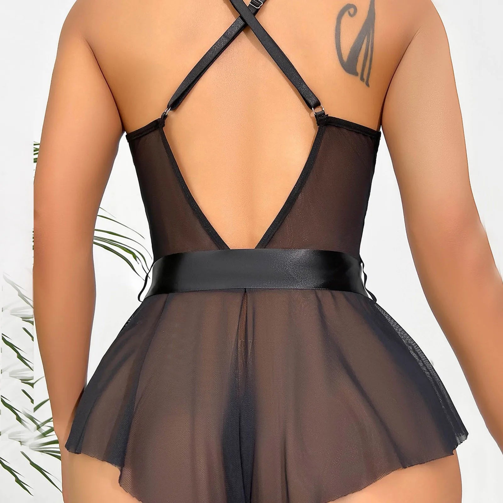 Black Lace & Mesh Flirty Bodysuit W/ Ruffle Skirt
