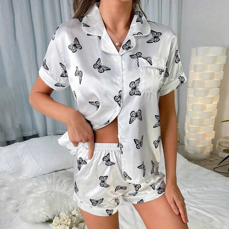 Women's Pajamas Set Luxury Satin Silk Pajamas Short Sleeve Sleepwear Leisure Home Clothes Nightwear Pyjamas for Women