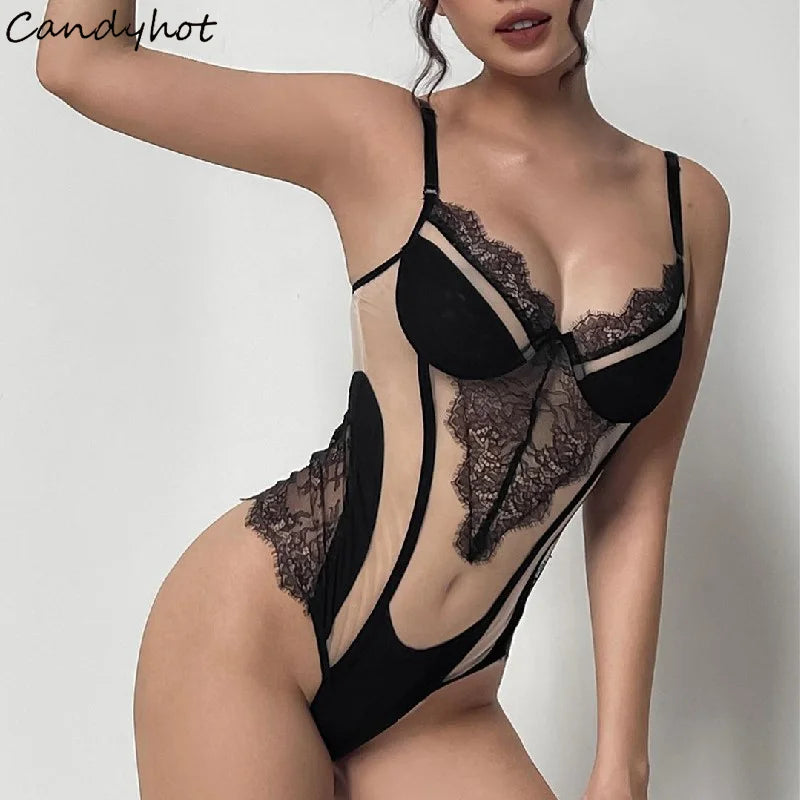 Candyhot Lace Patchwork Sexy Deep V-neck Romper Bodysuits Mesh Sheer Rave T Shirt 2024 Night Clubwear Bodycon Lingerie Bodysuits