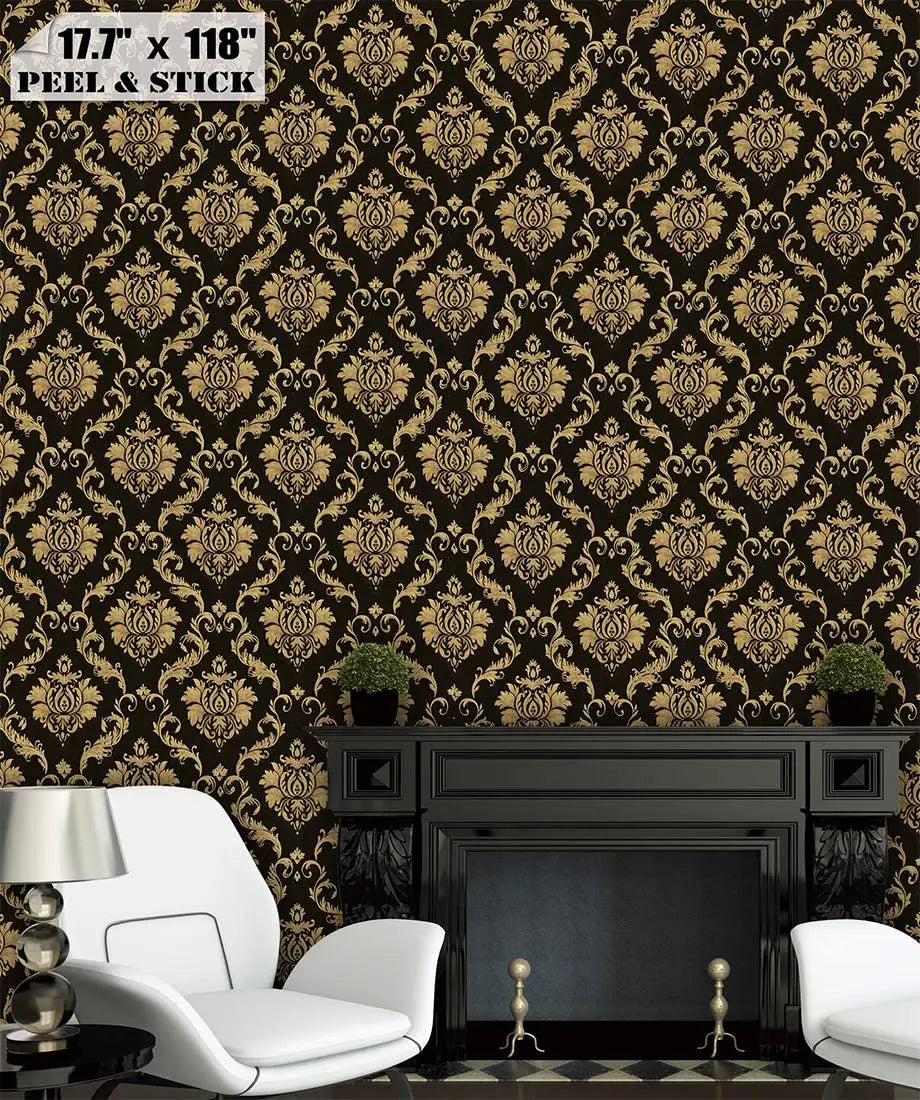 Black & Gold Damask Wallpaper - Black & Gold Damask Self-adhesive Wallpaper