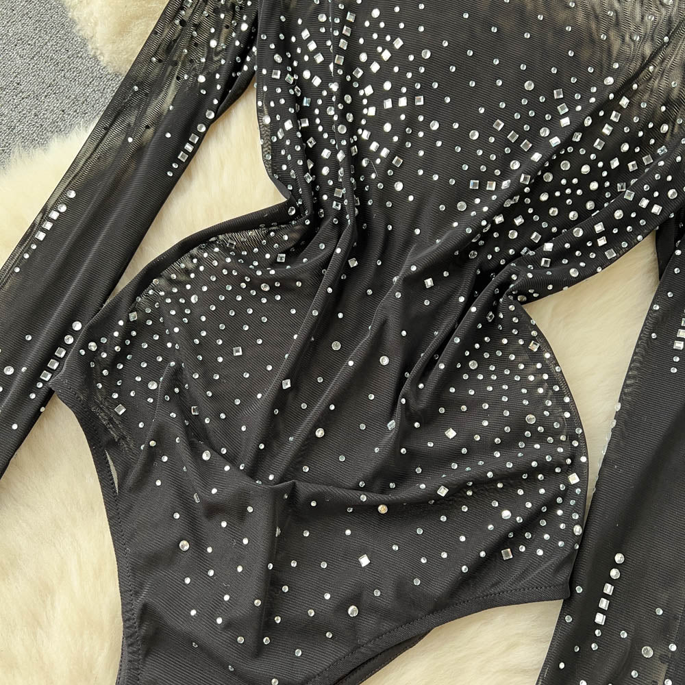 Black Rhinestone Long Sleeve Bodysuit, Long Sleeve Sparkle Bodysuit, Black Mesh Rhinestone Bodysuit