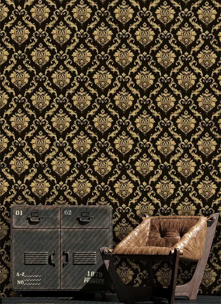 Black & Gold Damask Wallpaper - Black & Gold Damask Self-adhesive Wallpaper