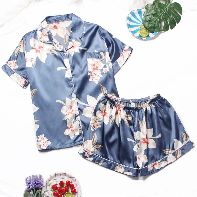 Women's Pajamas Set Luxury Satin Silk Pajamas Short Sleeve Sleepwear Leisure Home Clothes Nightwear Pyjamas for Women