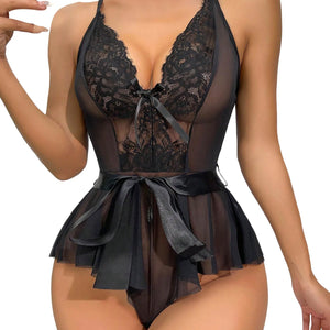 Black Lace & Mesh Flirty Bodysuit W/ Ruffle Skirt