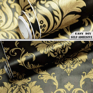 Black & Gold Damask Wallpaper - Black & Gold Damask Self-adhesive Wallpaper