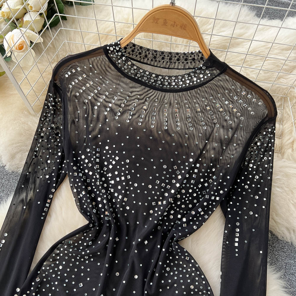 Black Rhinestone Long Sleeve Bodysuit, Long Sleeve Sparkle Bodysuit, Black Mesh Rhinestone Bodysuit