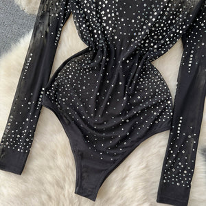 Black Rhinestone Long Sleeve Bodysuit, Long Sleeve Sparkle Bodysuit, Black Mesh Rhinestone Bodysuit