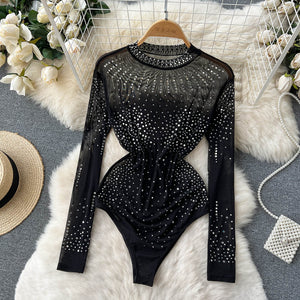 Black Rhinestone Long Sleeve Bodysuit, Long Sleeve Sparkle Bodysuit, Black Mesh Rhinestone Bodysuit