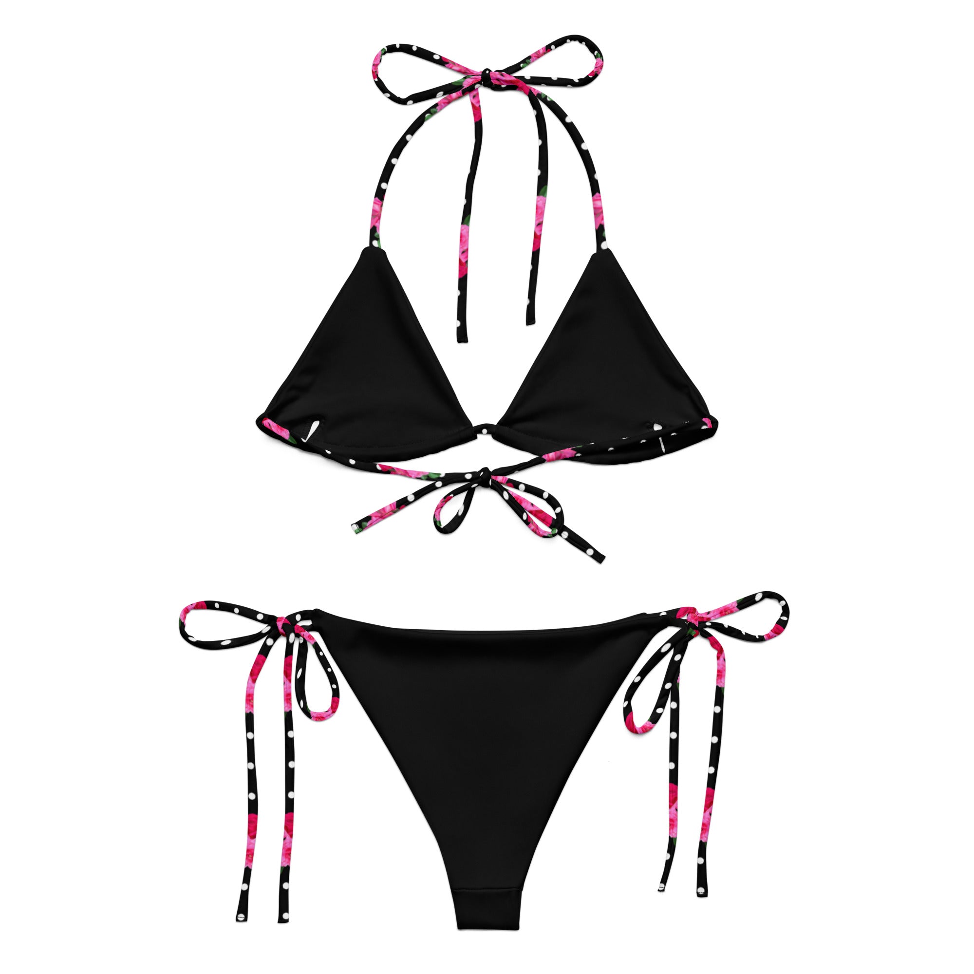 Pink Rose Floral & Black & White Polka Dot String Bikini - Betsy Inspired Bikini