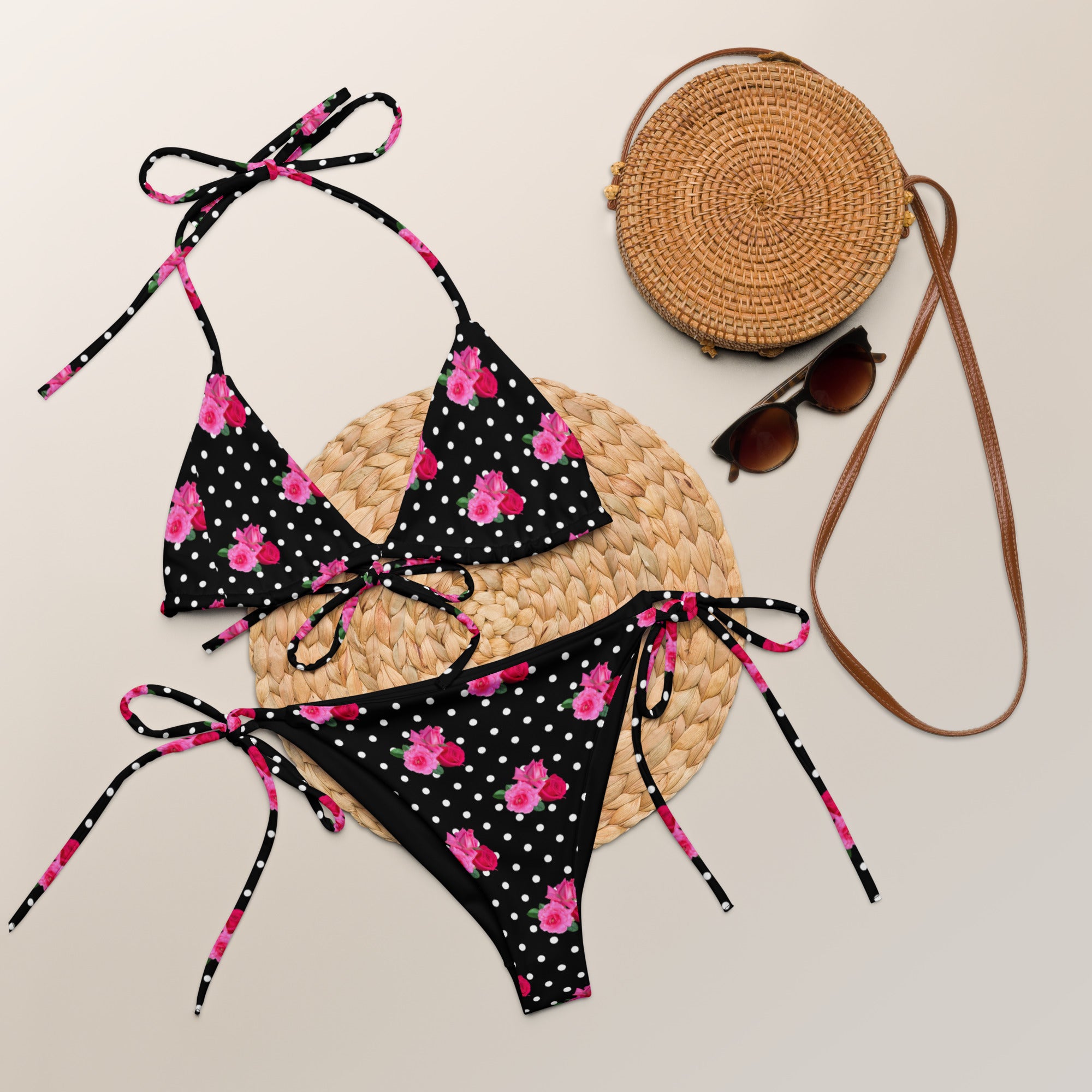 Pink Rose Floral & Black & White Polka Dot String Bikini - Betsy Inspired Bikini