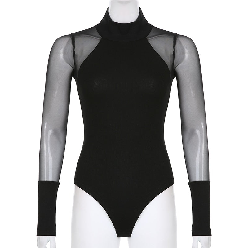 Black Sheer Long Sleeve Bodysuit Turtleneck - Sheer Sleeve Bodysuit