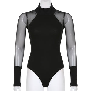 Black Sheer Long Sleeve Bodysuit Turtleneck - Sheer Sleeve Bodysuit