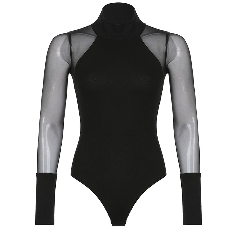 Black Sheer Long Sleeve Bodysuit Turtleneck - Sheer Sleeve Bodysuit
