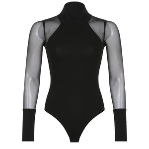 Black Sheer Long Sleeve Bodysuit Turtleneck - Sheer Sleeve Bodysuit