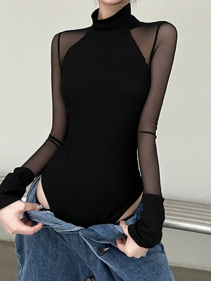 Black Sheer Long Sleeve Bodysuit Turtleneck - Sheer Sleeve Bodysuit