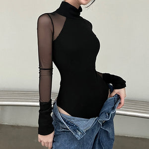 Black Sheer Long Sleeve Bodysuit Turtleneck - Sheer Sleeve Bodysuit