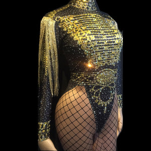 Women&#39;s Luxury Outfit Dance Stage Show Nightclub Costume Singer Jumpsuits Wear Glisten Black Gold Crystals Bodysuit with Tassel