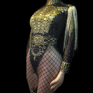 Women&#39;s Luxury Outfit Dance Stage Show Nightclub Costume Singer Jumpsuits Wear Glisten Black Gold Crystals Bodysuit with Tassel