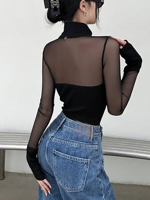 Black Sheer Long Sleeve Bodysuit Turtleneck - Sheer Sleeve Bodysuit