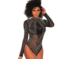 Black Rhinestone Bodysuit,  Studded Long Sleeves Bodysuit,  Sexy Birthday Photoshoot