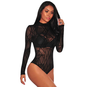 Geometric Print Sheer Bodysuit , Sheer Black Long Sleeve Bodysuit, Mesh Geometric Velvet Bodysuit