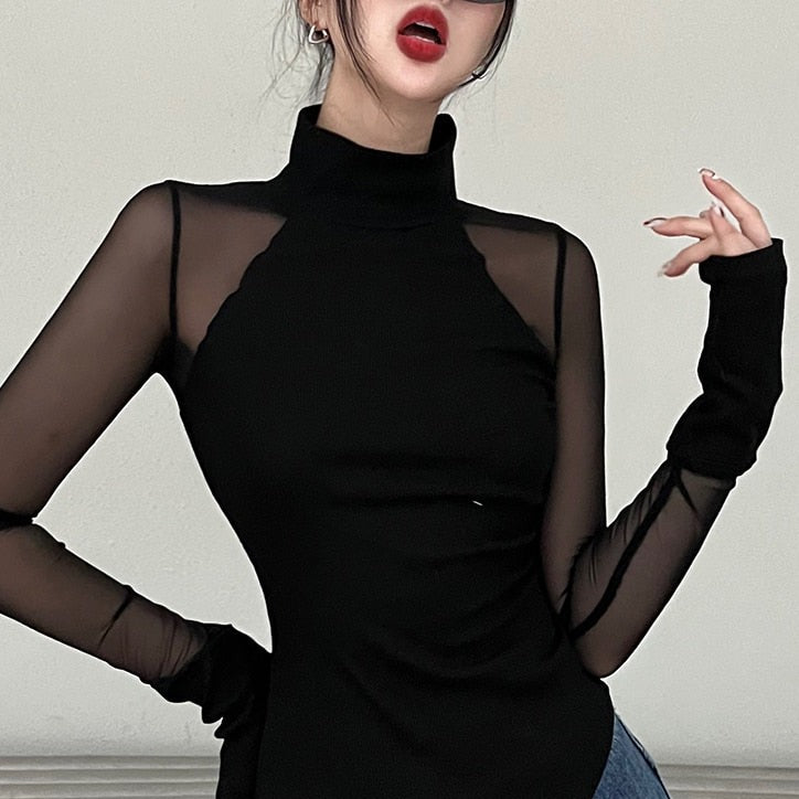 SHEER MESH TURTLENECK BODYSUIT