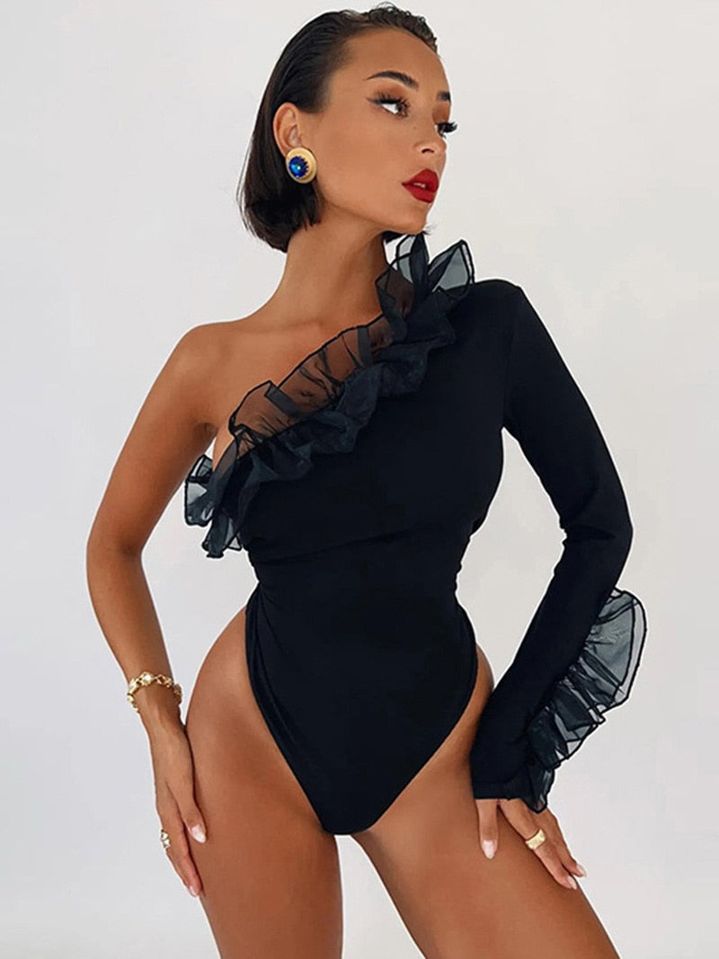 One-Shoulder Ruffle Lace Bodysuit - Off-shoulder Long Sleeve Bodysuit – By  Order Of The Queen