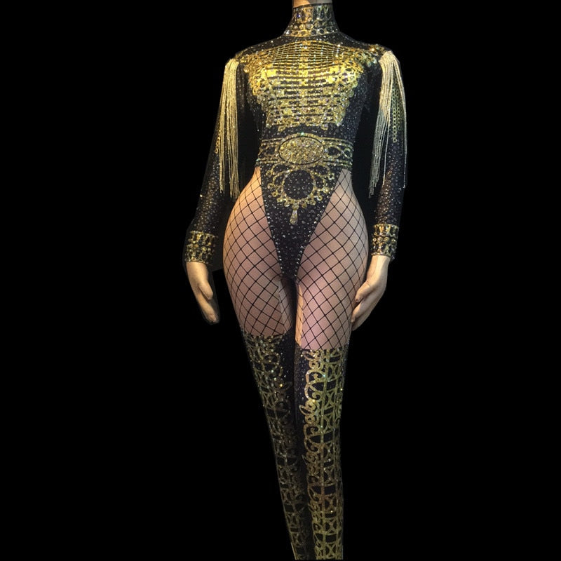 Women&#39;s Luxury Outfit Dance Stage Show Nightclub Costume Singer Jumpsuits Wear Glisten Black Gold Crystals Bodysuit with Tassel