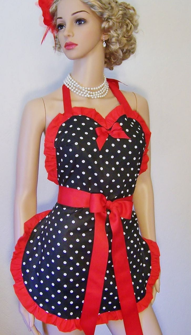 Polka Dot Apron, Retro Apron, Hostess Apron, Designer Apron, Sexy Apron, Pin Up Apron