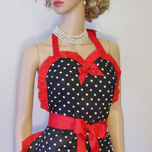 super cute well-made sweetheart top apron. Black background fabric with white polka dots, retro apron. hostess apron, 50's apron.