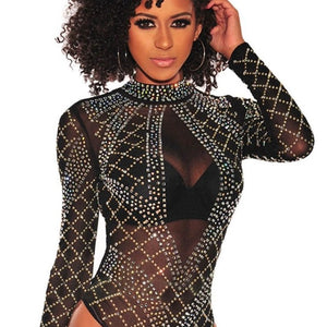 Black Rhinestone Bodysuit,  Studded Long Sleeves Bodysuit,  Sexy Birthday Photoshoot