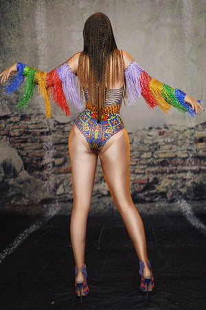 FESTIVAL FASHION - Rainbow Rhinestones Tassel Sleeve Bodysuits - Desert Queen - Religious Art Bodysuit