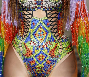 FESTIVAL FASHION - Rainbow Rhinestones Tassel Sleeve Bodysuits - Desert Queen - Religious Art Bodysuit