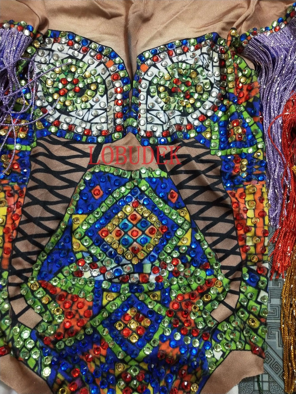 FESTIVAL FASHION - Rainbow Rhinestones Tassel Sleeve Bodysuits - Desert Queen - Religious Art Bodysuit