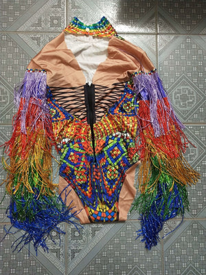 FESTIVAL FASHION - Rainbow Rhinestones Tassel Sleeve Bodysuits - Desert Queen - Religious Art Bodysuit