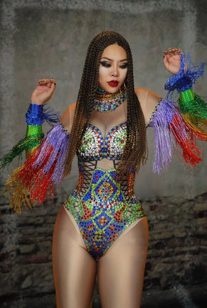 FESTIVAL FASHION - Rainbow Rhinestones Tassel Sleeve Bodysuits - Desert Queen - Religious Art Bodysuit