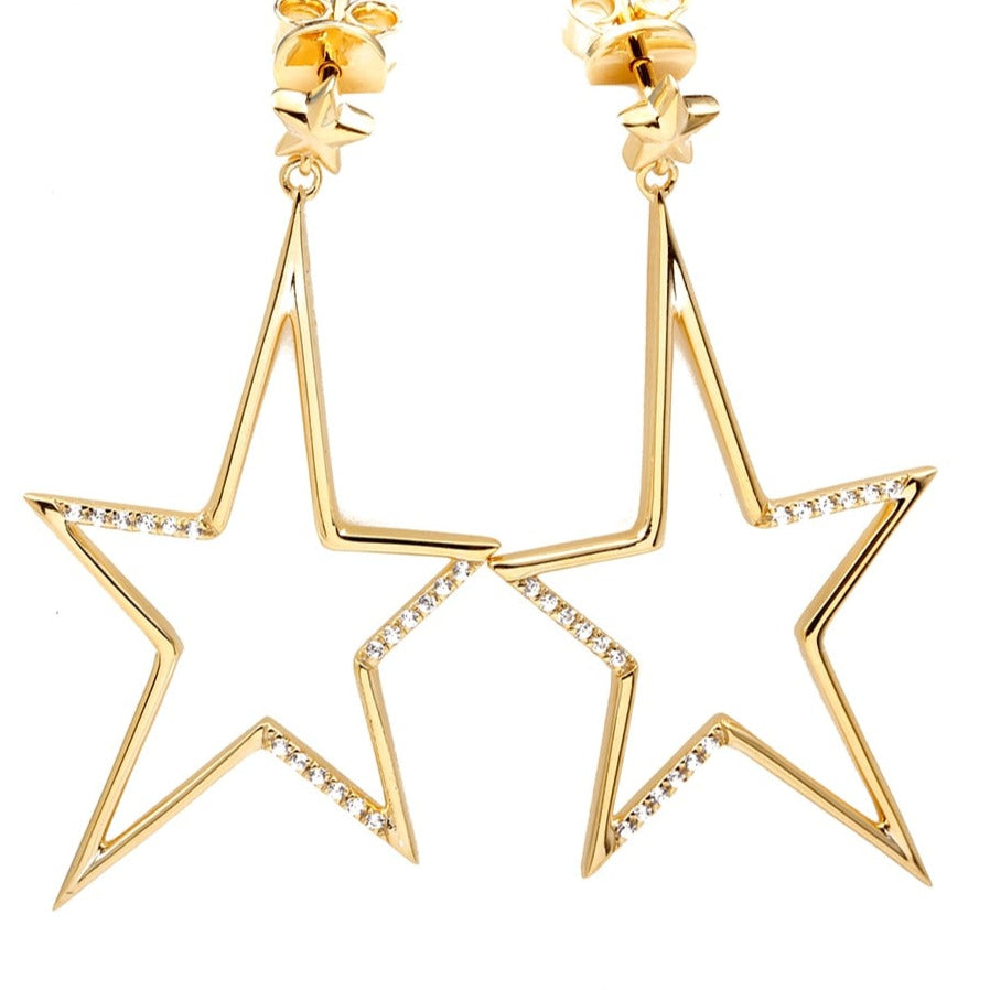 Natural Genuine Diamond 18k Gold Drop STAR Earrings - Pentagram Star Fine Jewelry