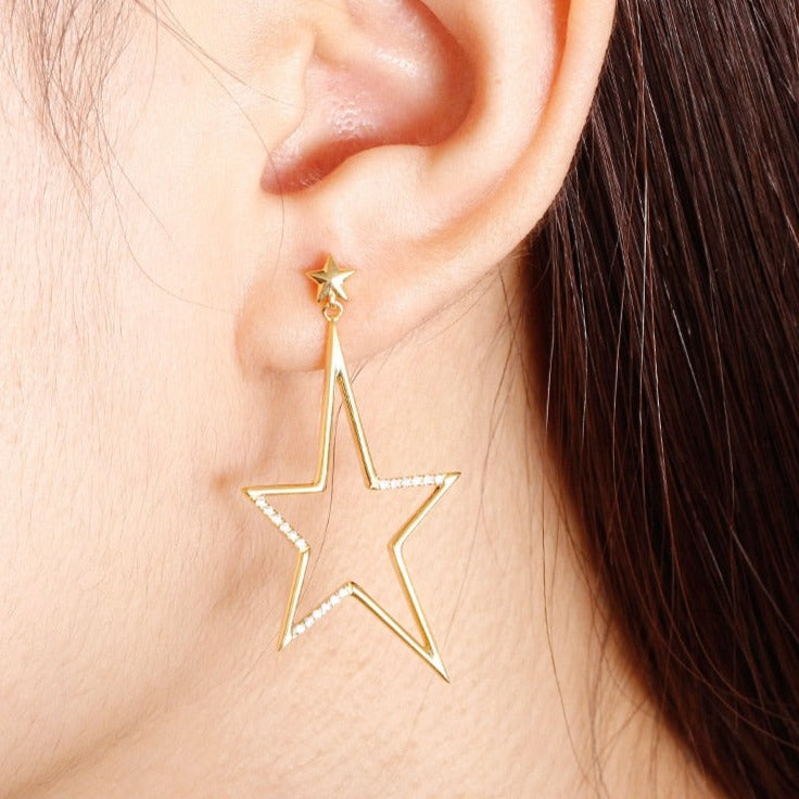Natural Genuine Diamond 18k Gold Drop STAR Earrings - Pentagram Star Fine Jewelry