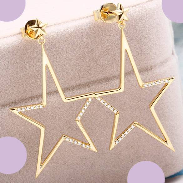 Natural Genuine Diamond 18k Gold Drop STAR Earrings - Pentagram Star Fine Jewelry