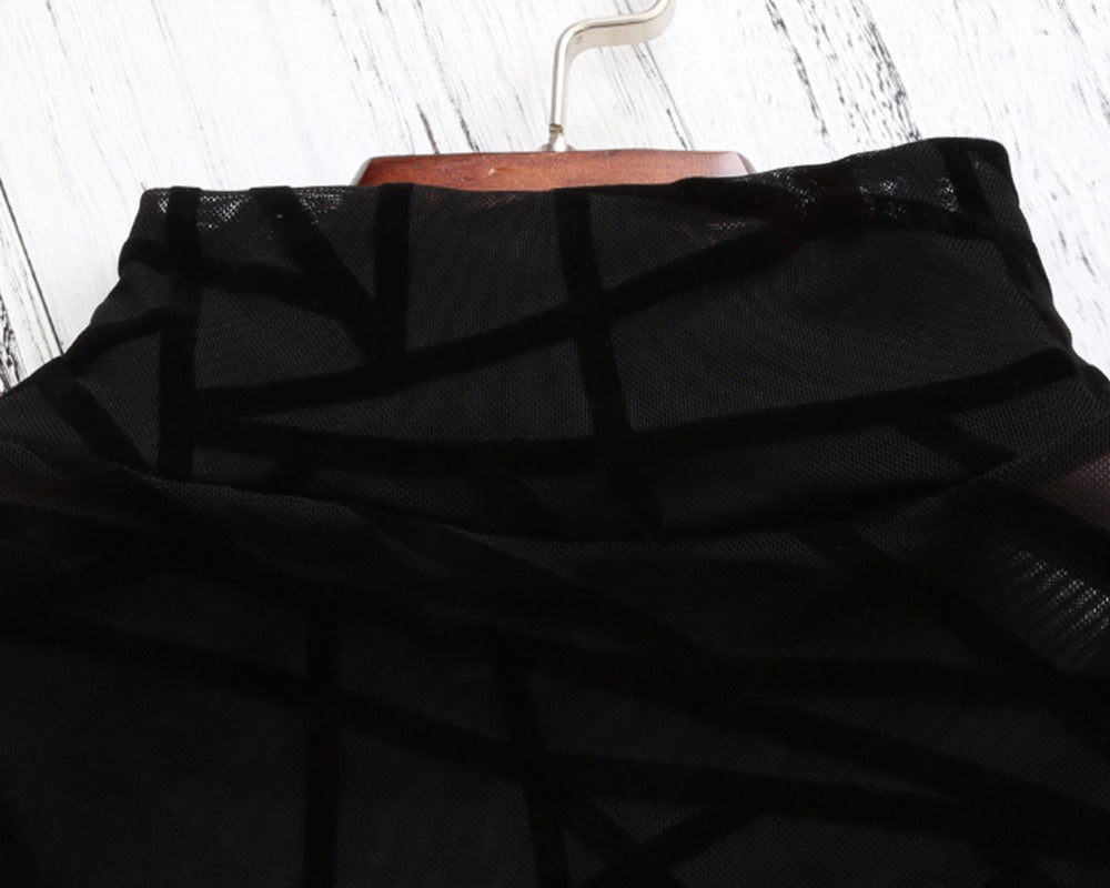 Geometric Print Sheer Bodysuit , Sheer Black Long Sleeve Bodysuit, Mesh Geometric Velvet Bodysuit